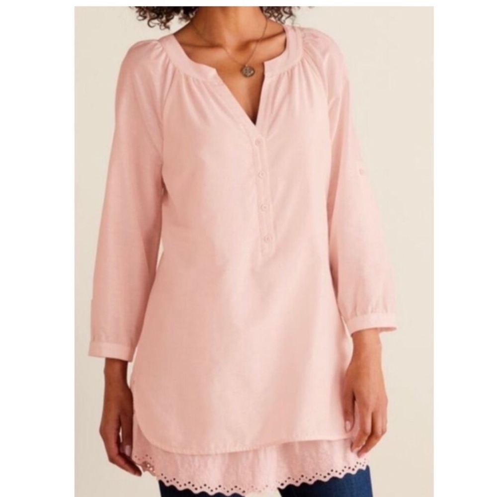 Soft Surroundings Silk Teresa Tunic Women 1X Pink Eyelet Lace 3/4 Sleeve 5FU59